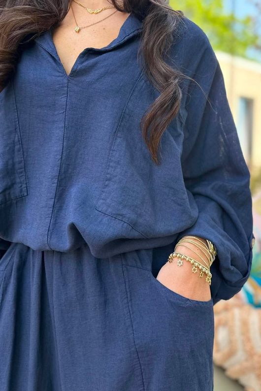 Sandbar Linen Blend Pop Over Shirt Navy 